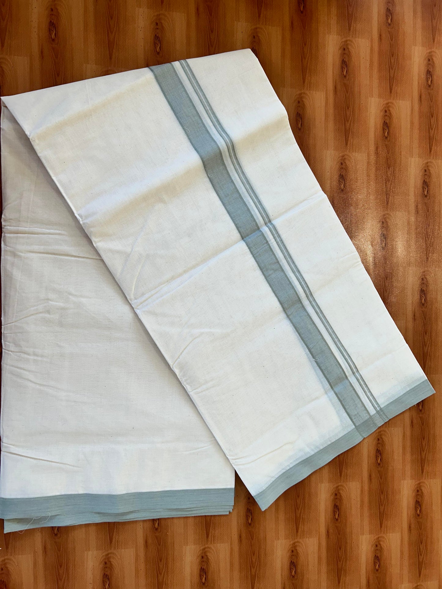 Double Off white Mundu/Dhoti - 20% Discount! KaithariKada - 100% Cotton 100x100 - 1.25 inch Light Sage Green Shaded Kara 5 mtr (10.71 muzham) - 4 KK5457 ASH