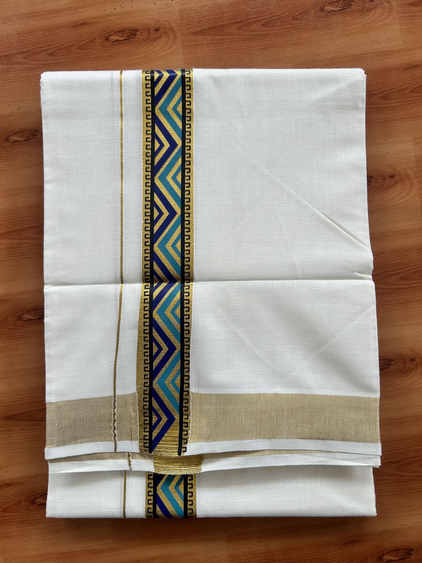 Double Off White - (Unbleached) Mundu/Dhoti- 20% Discount!! KaithariKada Balaramapuram 100% Cotton 60s - 1.5 inch Gold Kasav with  Dark Cyan & Blue Printed Design Kara - 3 KK5408 GAN