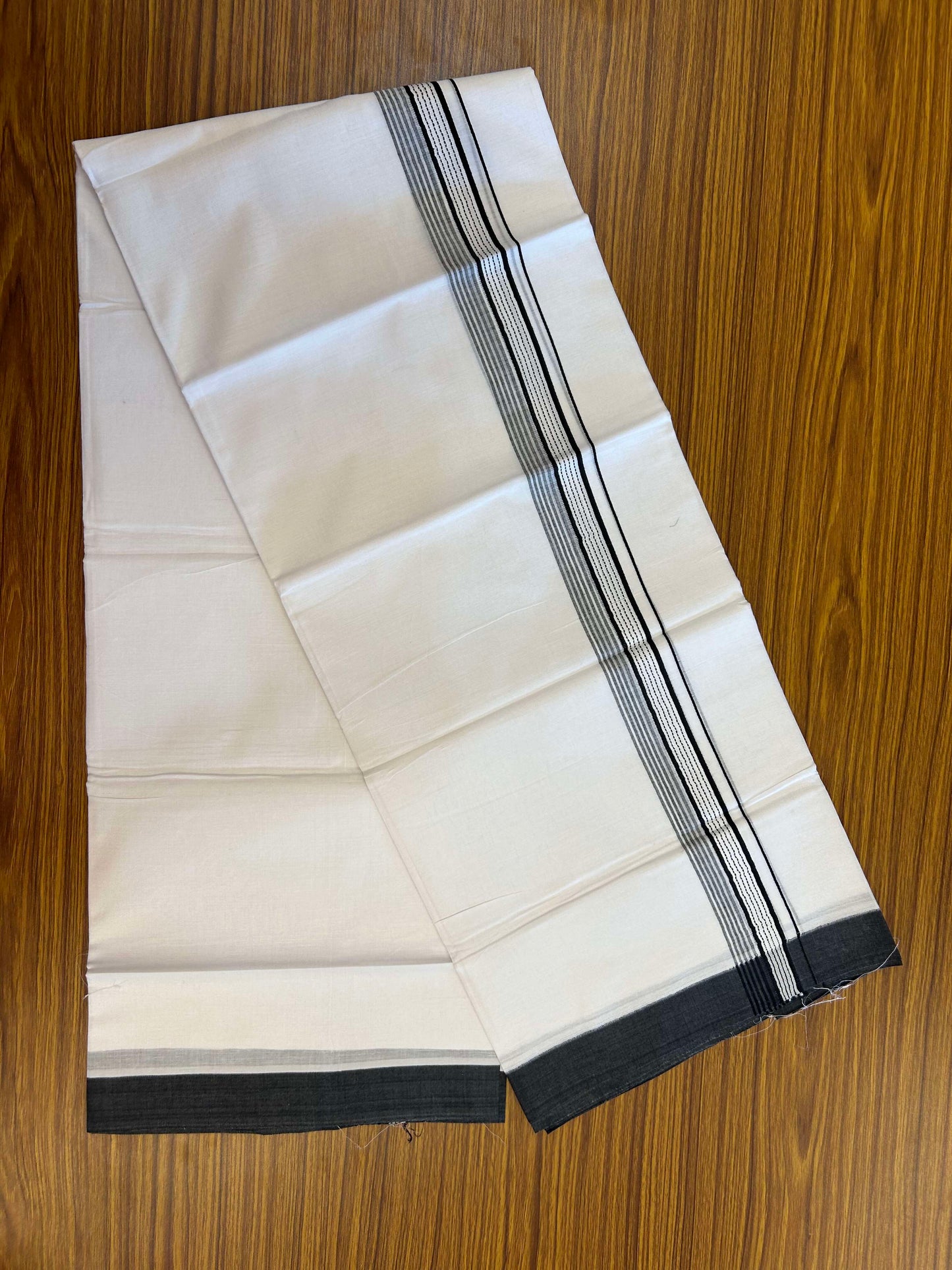 20% Discount!! KaithariKada Balaramapuram 100% Cotton Double Pure White Mundu/Dhoti - 100x100 - 1.5 inch Black Striped Kara 3.96 mtr (8 muzham) - 7 KK5309 GAN