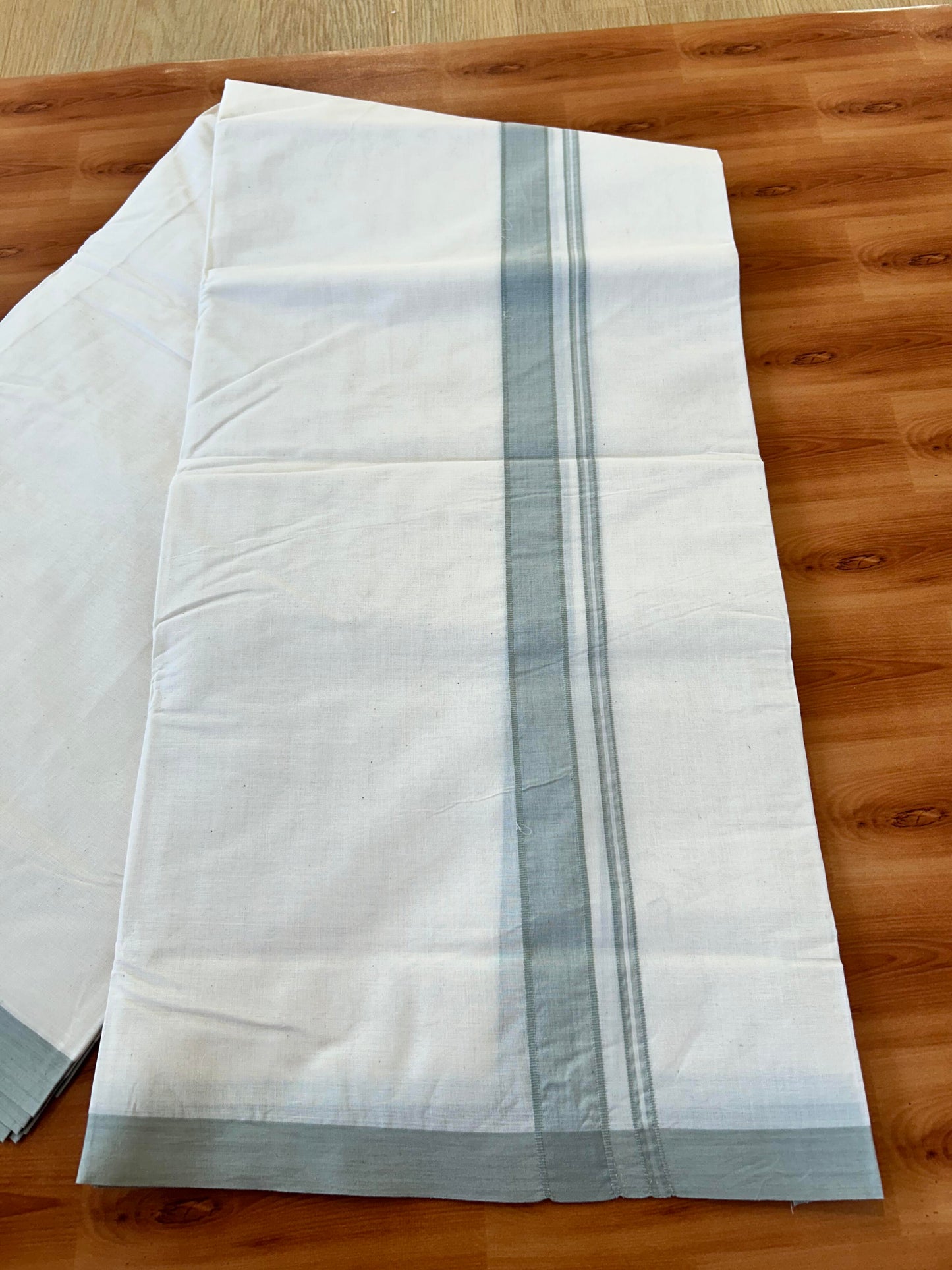 Double Off white Mundu/Dhoti - 20% Discount! KaithariKada - 100% Cotton 100x100 - 1.25 inch Light Sage Green Shaded Kara 5 mtr (10.71 muzham) - 4 KK5457 ASH