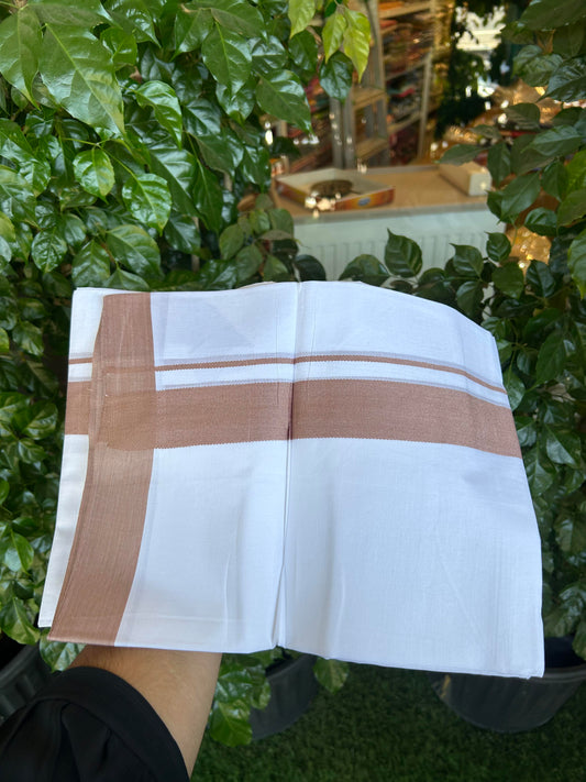 20% Discount ! Kaitharikada Balaramapuram 100% Cotton Pure White Double Mundu/Dothi - 100x80 - 1.5 inch Dusty Peach  Kara - 3.90 m (8 muzham) - 18 KK5364 MC