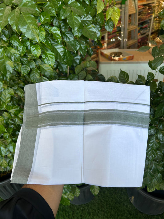 20% Discount ! Kaitharikada Balaramapuram 100% Cotton Pure White Double Mundu/Dothi - 100x80 - 1.25 inch Dark Sage Green Design Kara - 3.90 m (8 muzham) - 13 KK5364 MC