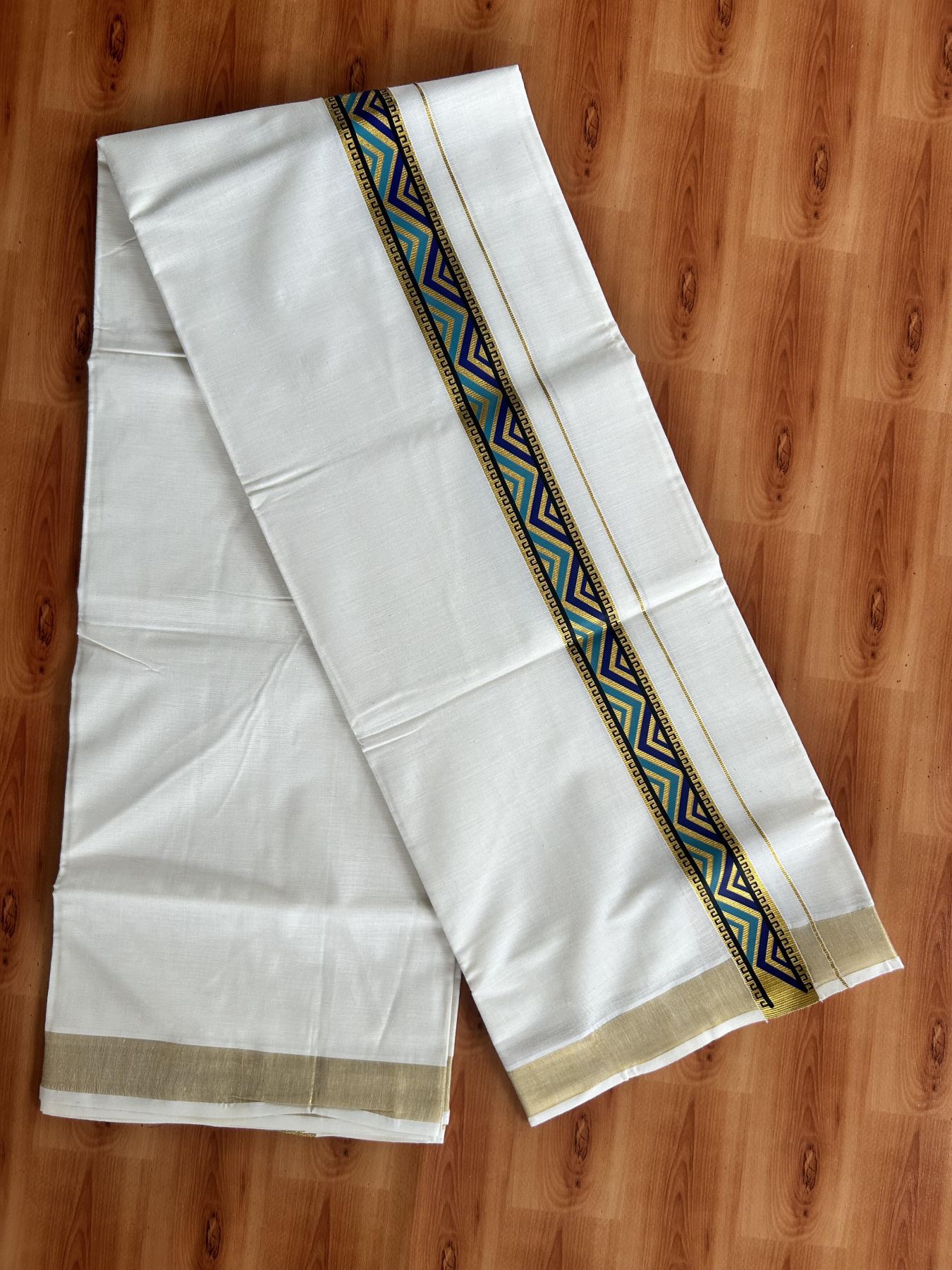 Double Off White - (Unbleached) Mundu/Dhoti- 20% Discount!! KaithariKada Balaramapuram 100% Cotton 60s - 1.5 inch Gold Kasav with  Dark Cyan & Blue Printed Design Kara - 3 KK5408 GAN