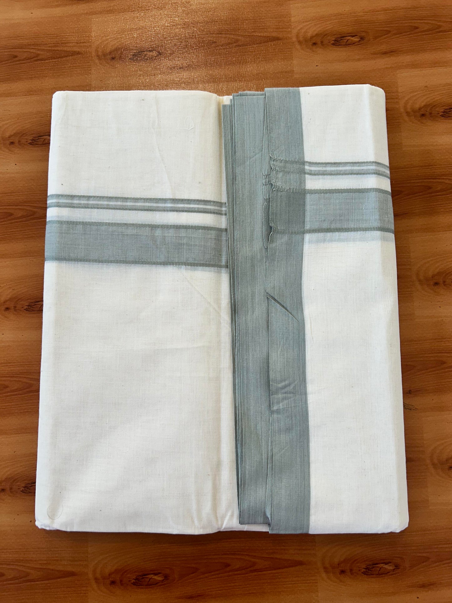 Double Off white Mundu/Dhoti - 20% Discount! KaithariKada - 100% Cotton 100x100 - 1.25 inch Light Sage Green Shaded Kara 5 mtr (10.71 muzham) - 4 KK5457 ASH