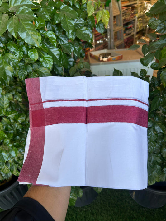 20% Discount ! Kaitharikada Balaramapuram 100% Cotton Pure White Double Mundu/Dothi - 100x80 - 1.5 inch Maroon Kara - 3.90 m (8 muzham) - 21 KK5364 MC