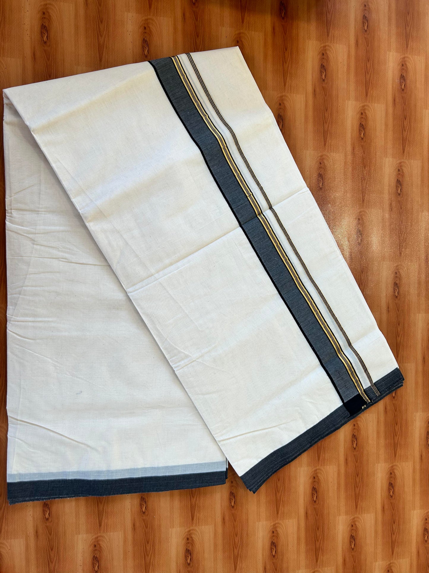 Double Off white Mundu/Dhoti - 20% Discount! KaithariKada - 100% Cotton 100x100 - 1.5 inch Gold Kasav & Black Shaded Kara 5 mtr (10.71 muzham) - 5 KK5457 ASH