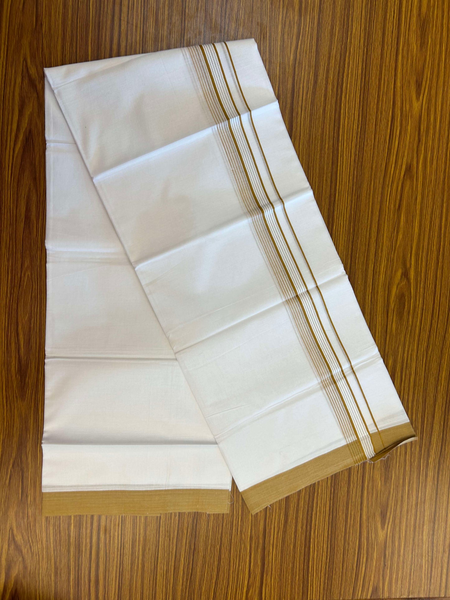20% Discount!! KaithariKada Balaramapuram 100% Cotton Double Pure White Mundu/Dhoti - 100x100 - 1.25 inch Light Brown Striped Kara 3.96 mtr (8 muzham) - 8 KK5309 GAN