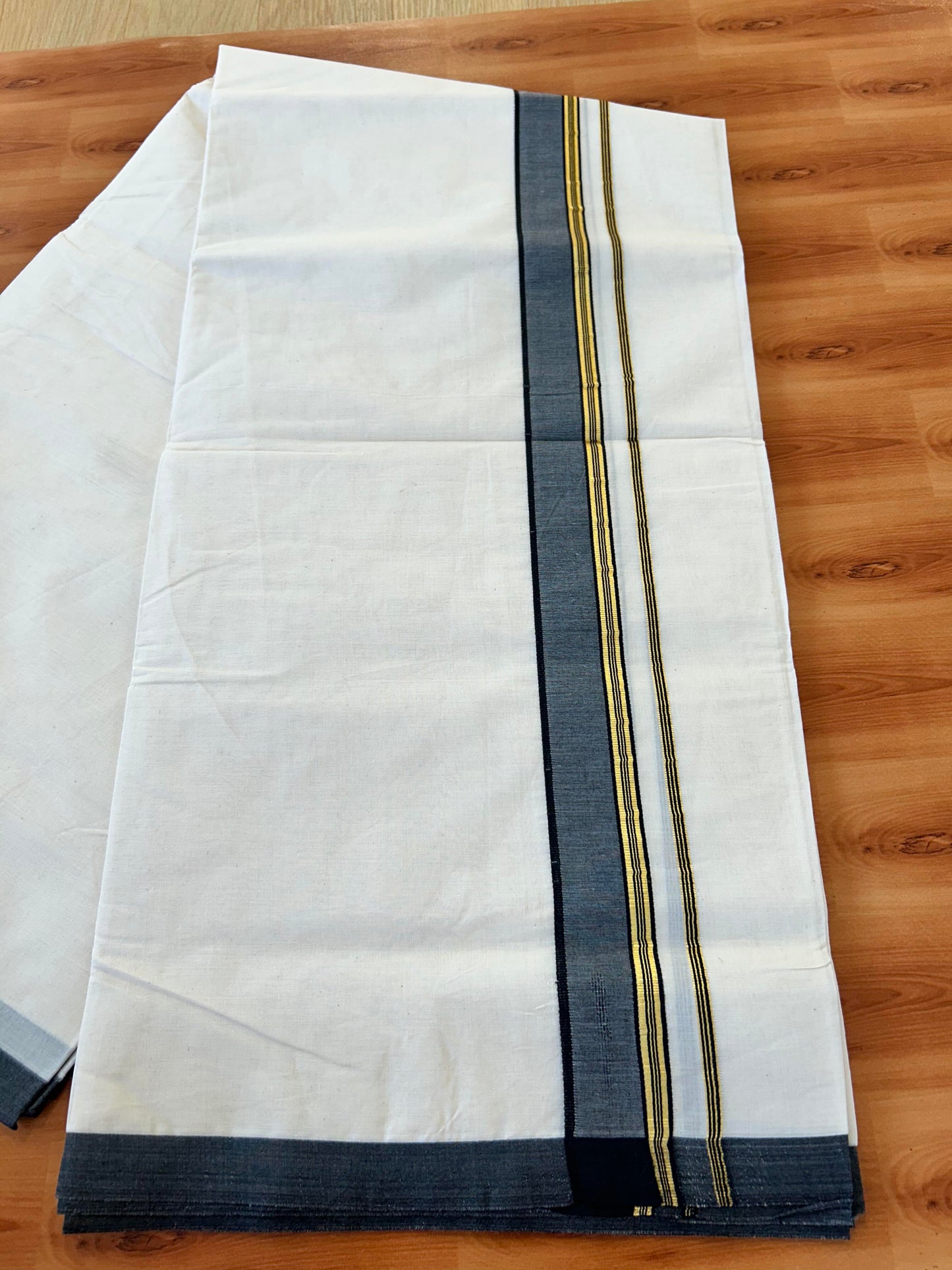 Double Off white Mundu/Dhoti - 20% Discount! KaithariKada - 100% Cotton 100x100 - 1.5 inch Gold Kasav & Black Shaded Kara 5 mtr (10.71 muzham) - 5 KK5457 ASH
