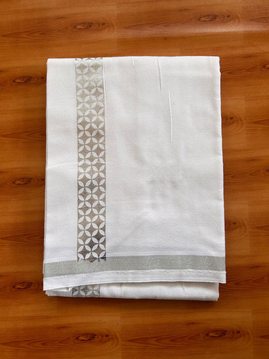 Kaitharikada - Single Kaily / Lungi - Mixed Cotton - 20s twisted - 1.5 inch Silver Kasav Printed Design Kara with White colour body (2 meter / 4 muzham) - 6 KK8085 GAN