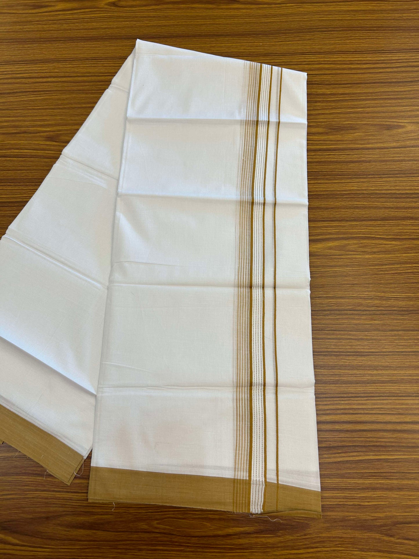 20% Discount!! KaithariKada Balaramapuram 100% Cotton Double Pure White Mundu/Dhoti - 100x100 - 1.25 inch Light Brown Striped Kara 3.96 mtr (8 muzham) - 8 KK5309 GAN