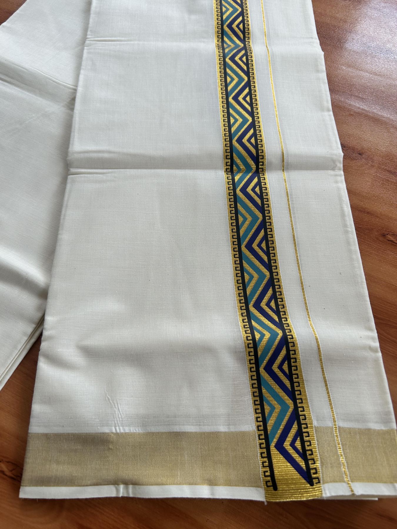 Double Off White - (Unbleached) Mundu/Dhoti- 20% Discount!! KaithariKada Balaramapuram 100% Cotton 60s - 1.5 inch Gold Kasav with  Dark Cyan & Blue Printed Design Kara - 3 KK5408 GAN