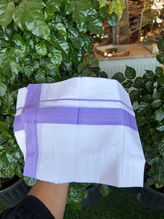 20% Discount ! Kaitharikada Balaramapuram 100% Cotton Pure White Double Mundu/Dothi - 100x80 - 1.5 inch Light Violet Kara - 3.90 m (8 muzham) - 15 KK5364 MC