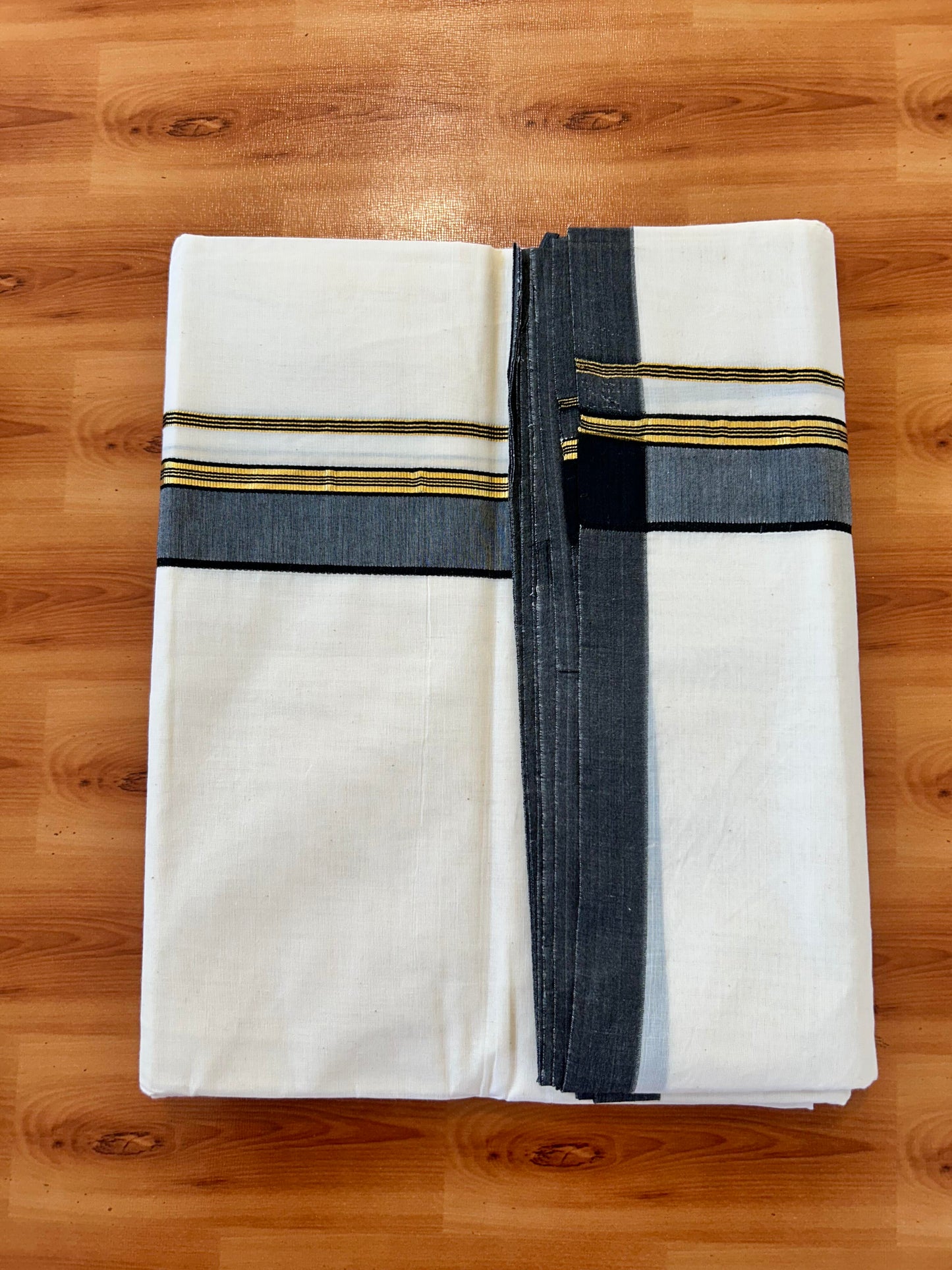 Double Off white Mundu/Dhoti - 20% Discount! KaithariKada - 100% Cotton 100x100 - 1.5 inch Gold Kasav & Black Shaded Kara 5 mtr (10.71 muzham) - 5 KK5457 ASH