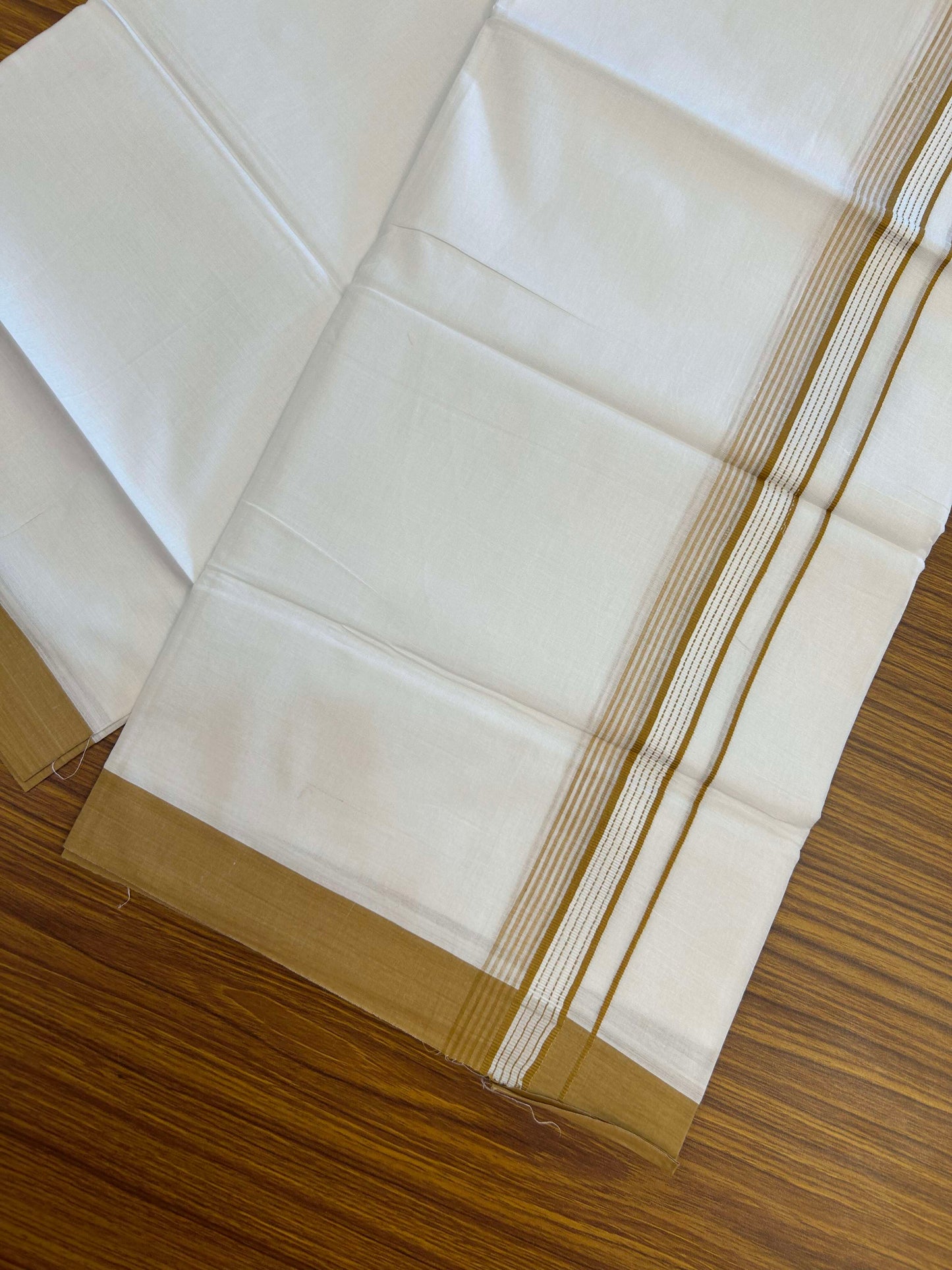 20% Discount!! KaithariKada Balaramapuram 100% Cotton Double Pure White Mundu/Dhoti - 100x100 - 1.25 inch Light Brown Striped Kara 3.96 mtr (8 muzham) - 8 KK5309 GAN