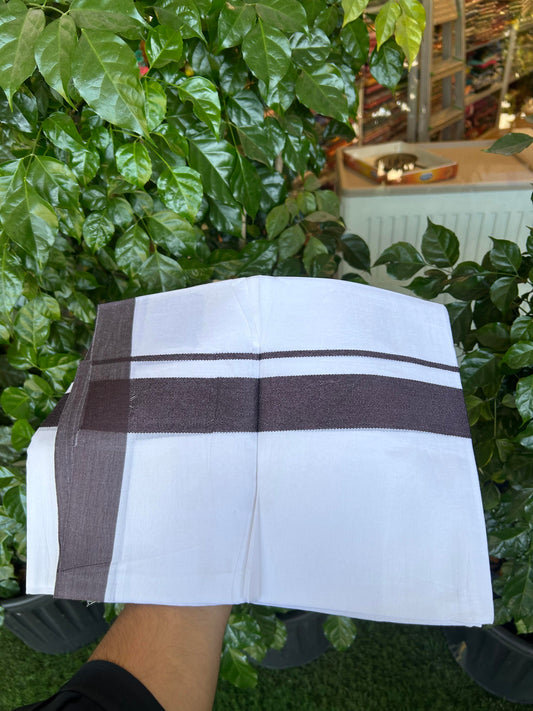 20% Discount ! Kaitharikada Balaramapuram 100% Cotton Pure White Double Mundu/Dothi - 100x80 - 1.5 inch Blackberry Wine Kara - 3.90 m (8 muzham) - 20 KK5364 MC