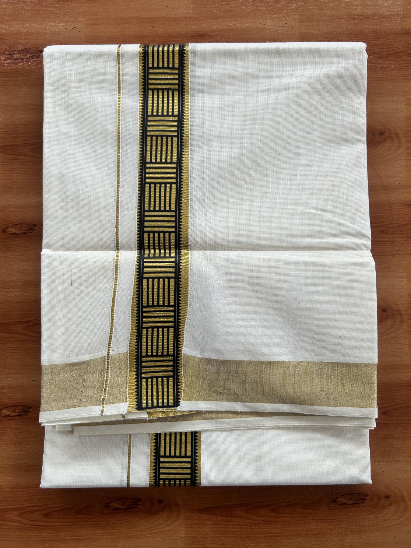Double Off White - (Unbleached) Mundu/Dhoti- 20% Discount!! KaithariKada Balaramapuram 100% Cotton (60s) - 1.25 inch Gold Kasav & Black Pattern Printed Kara - 9 KK5408 GAN