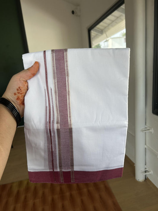 20% Discount! KaithariKada Balaramapuram 100% Cotton Double Pure white Mundu/Dhoti- 100X80 - 1.25 inch Puliyilakkara Silver Kasav & Maroon Chutty Kara - 3.80 mtr ( 8 muzham) - 11 KK5382 VIN