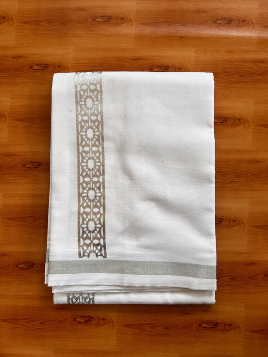 Kaitharikada - Single Kaily / Lungi - Mixed Cotton - 20s twisted - 1.5 inch Silver Kasav Printed Design Kara with White colour body (2 meter / 4 muzham) - 7 KK8085 GAN