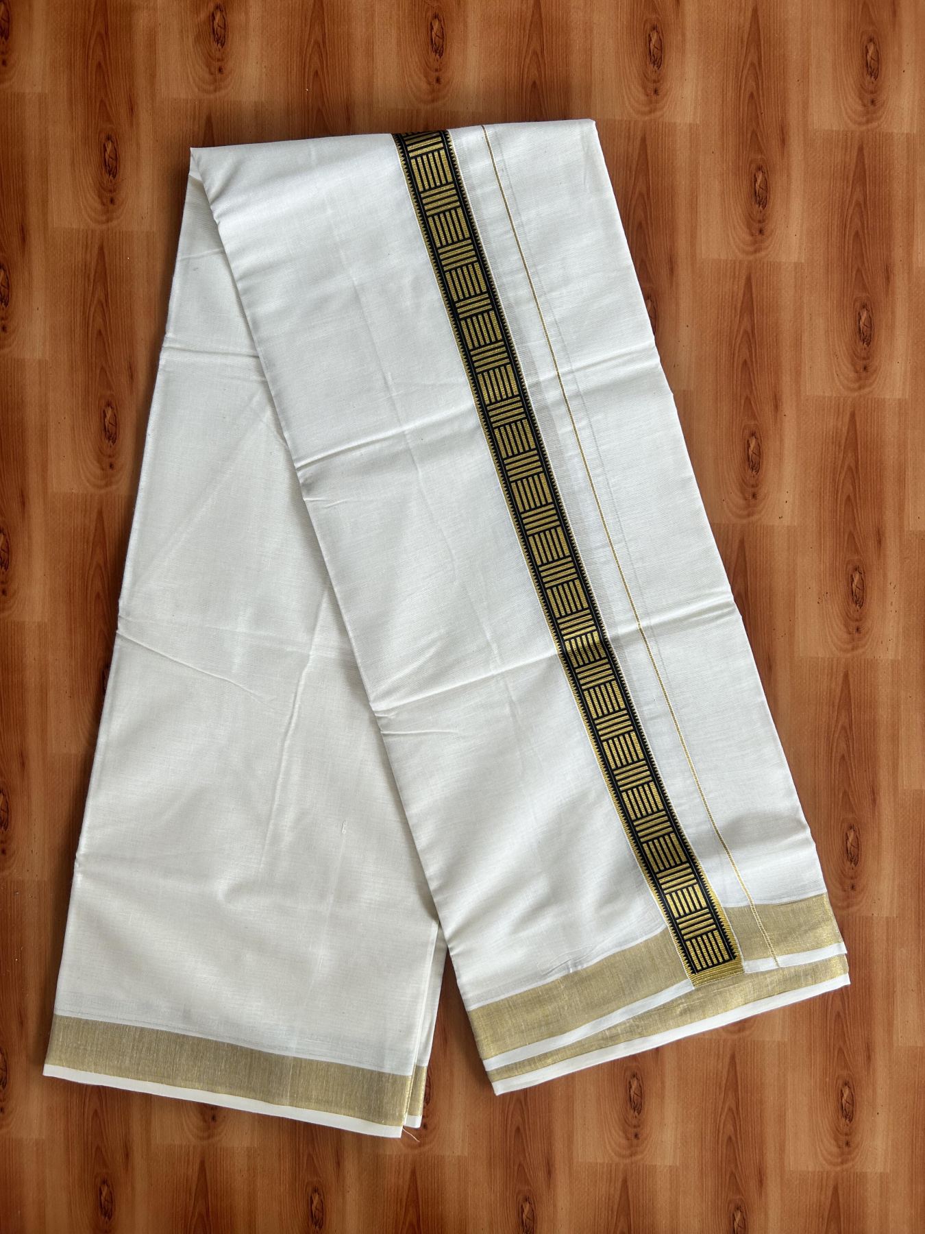 Double Off White - (Unbleached) Mundu/Dhoti- 20% Discount!! KaithariKada Balaramapuram 100% Cotton (60s) - 1.25 inch Gold Kasav & Black Pattern Printed Kara - 9 KK5408 GAN