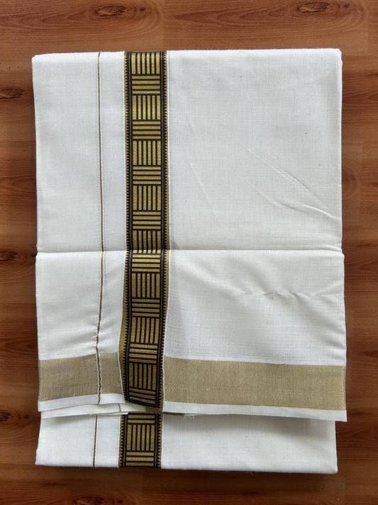 Double Off White - (Unbleached) Mundu/Dhoti- 20% Discount!! KaithariKada Balaramapuram 100% Cotton (60s) - 1.25 inch Gold Kasav & Brown Pattern Printed Kara - 6 KK5408 GAN