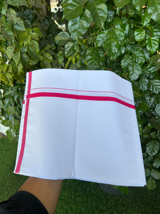 10% Discount ! KaithariKada Balaramapuram 100% Cotton Pure White Mill Bleached Single Mundu/Dhoti - 40s - 1 cm Dark Pink Kara (2 meter / 4 muzham) - 5 KK5364 MC