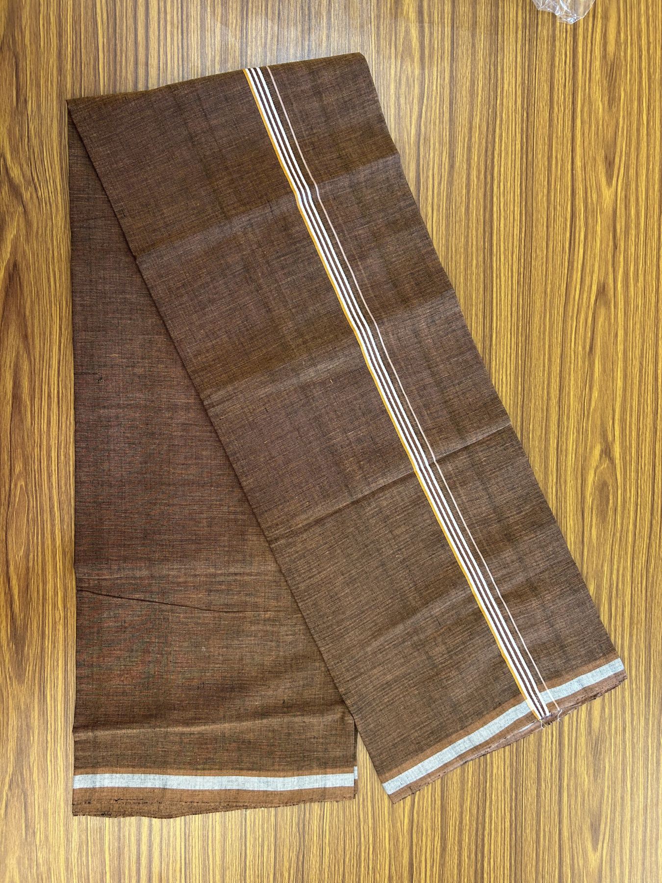 Handloom Single Hallmarked - 10% Discount ! KaithariKada 100% Pure Cotton - Mundu/Dhoti 0.5 inch Light Orange & White striped Kara with Brown colour Body - (2 meter / 4 muzham) - 80 KK8044 ELA