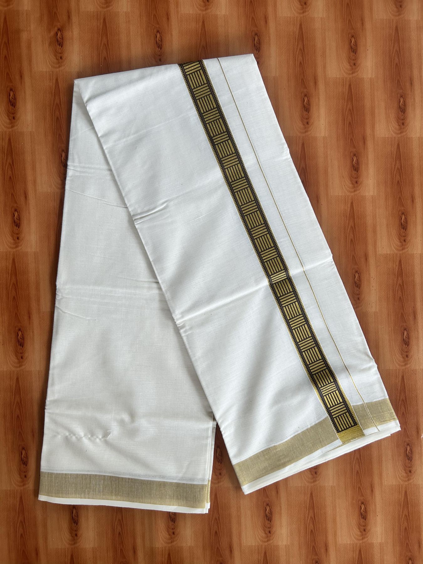 Double Off White - (Unbleached) Mundu/Dhoti- 20% Discount!! KaithariKada Balaramapuram 100% Cotton (60s) - 1.25 inch Gold Kasav & Brown Pattern Printed Kara - 6 KK5408 GAN