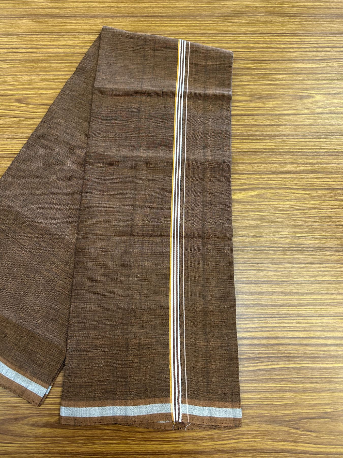 Handloom Single Hallmarked - 10% Discount ! KaithariKada 100% Pure Cotton - Mundu/Dhoti 0.5 inch Light Orange & White striped Kara with Brown colour Body - (2 meter / 4 muzham) - 80 KK8044 ELA