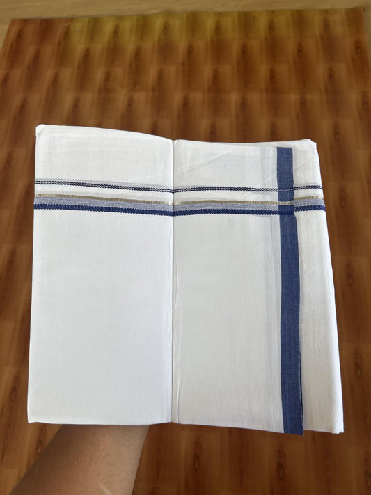 20% Discount ! Kaitharikada Balaramapuram 100% Cotton Pure White Double Mundu/Dothi - 100x80 - 0.5 inch Silver Kasavu & Blue Design Kara 3.80 mtr (8 muzham) - 7 KK5382 VIN