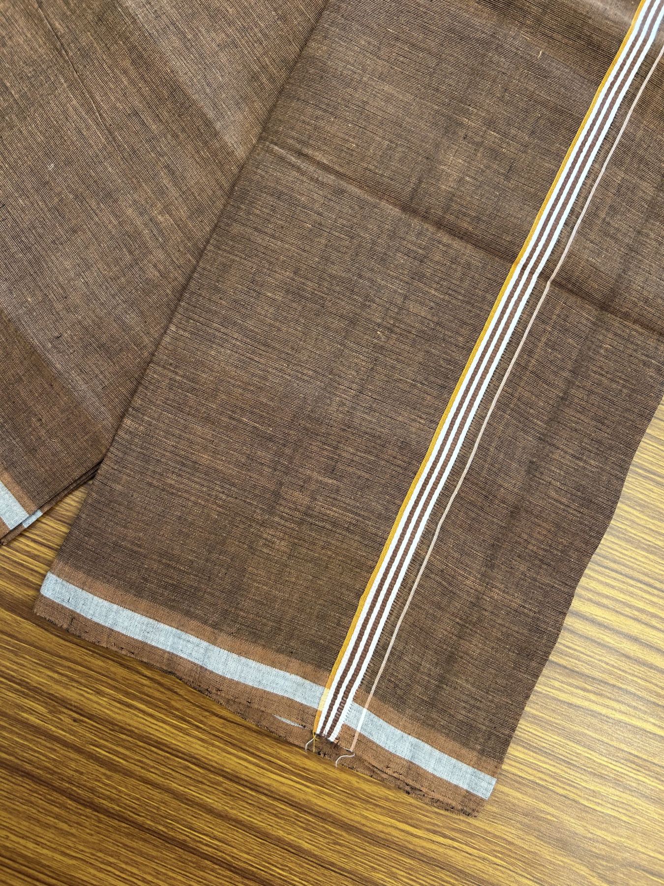 Handloom Single Hallmarked - 10% Discount ! KaithariKada 100% Pure Cotton - Mundu/Dhoti 0.5 inch Light Orange & White striped Kara with Brown colour Body - (2 meter / 4 muzham) - 80 KK8044 ELA