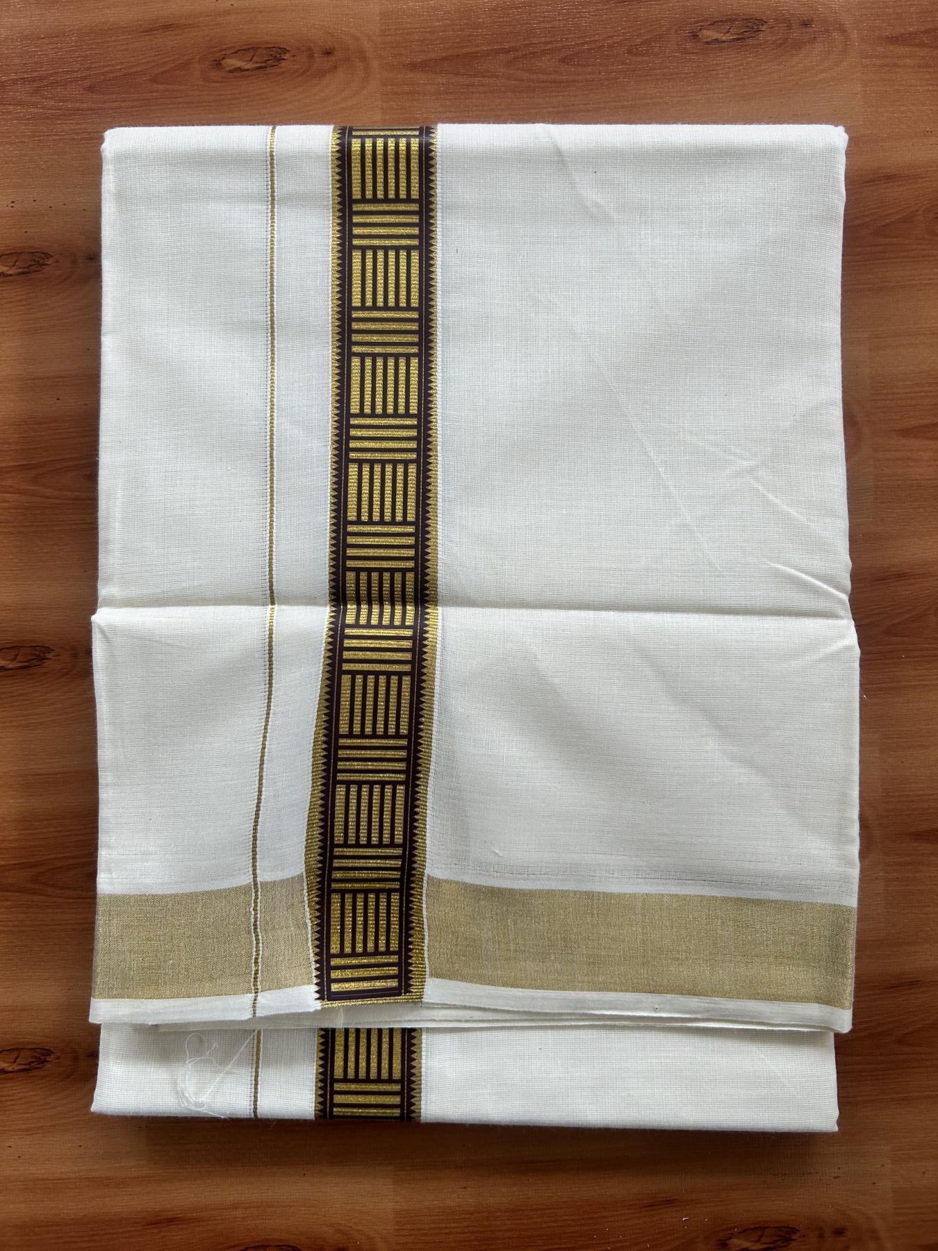 Double Off White - (Unbleached) Mundu/Dhoti- 20% Discount!! KaithariKada Balaramapuram 100% Cotton (60s) - 1.25 inch Gold Kasav & Chocolate Pattern Printed Kara - 7 KK5408 GAN