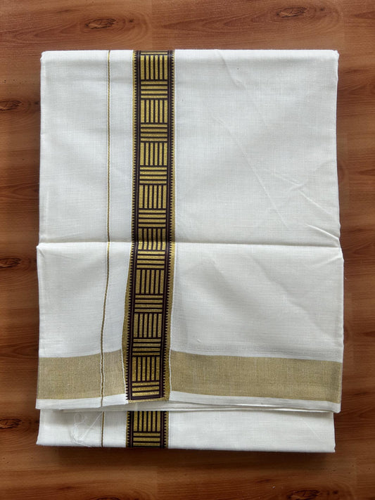 Double Off White - (Unbleached) Mundu/Dhoti- 20% Discount!! KaithariKada Balaramapuram 100% Cotton (60s) - 1.25 inch Gold Kasav & Chocolate Pattern Printed Kara - 7 KK5408 GAN