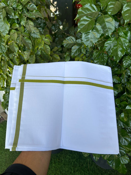 10% Discount ! KaithariKada Balaramapuram 100% Cotton Pure White Mill Bleached Single Mundu/Dhoti - 40s - 1 cm Parrot Green Kara (2 meter / 4 muzham) - 1 KK5364 MC