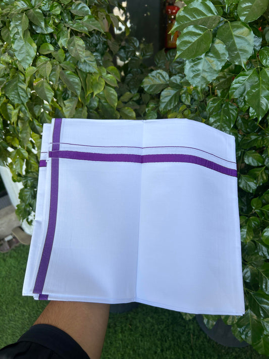 10% Discount ! KaithariKada Balaramapuram 100% Cotton Pure White Mill Bleached Single Mundu/Dhoti - 40s - 1 cm Dark Violet Kara (2 meter / 4 muzham) - 6 KK5364 MC