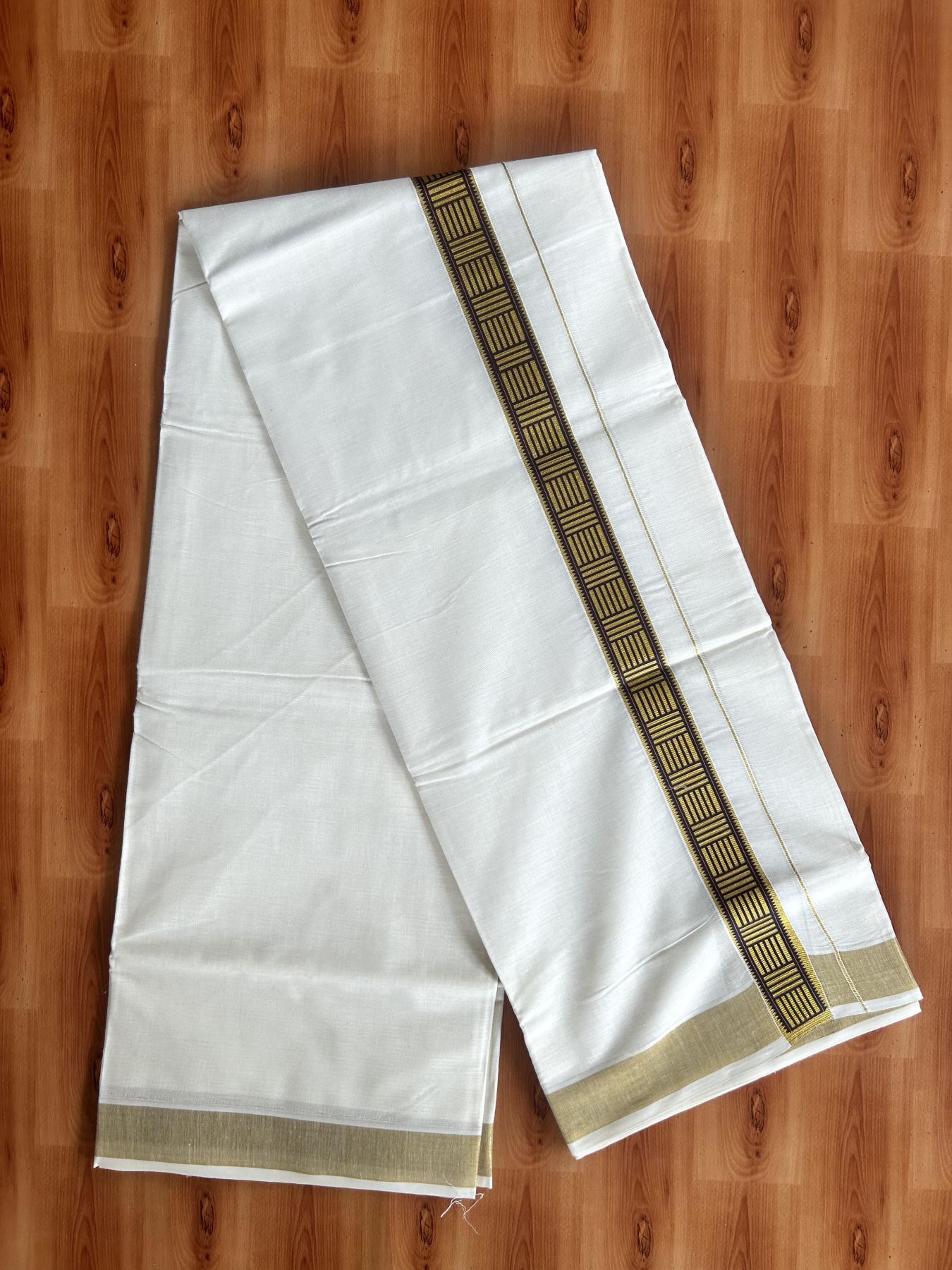 Double Off White - (Unbleached) Mundu/Dhoti- 20% Discount!! KaithariKada Balaramapuram 100% Cotton (60s) - 1.25 inch Gold Kasav & Chocolate Pattern Printed Kara - 7 KK5408 GAN