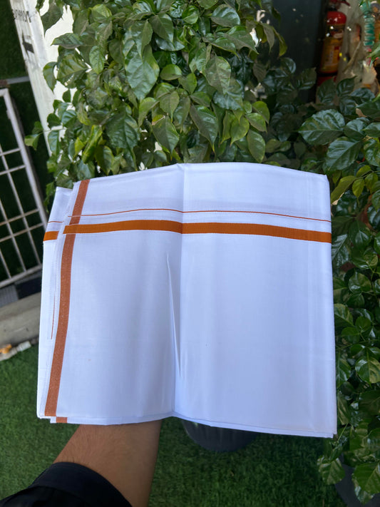 10% Discount ! KaithariKada Balaramapuram 100% Cotton Pure White Mill Bleached Single Mundu/Dhoti - 40s - 1 cm Burnt Orange Kara (2 meter / 4 muzham) - 4 KK5364 MC