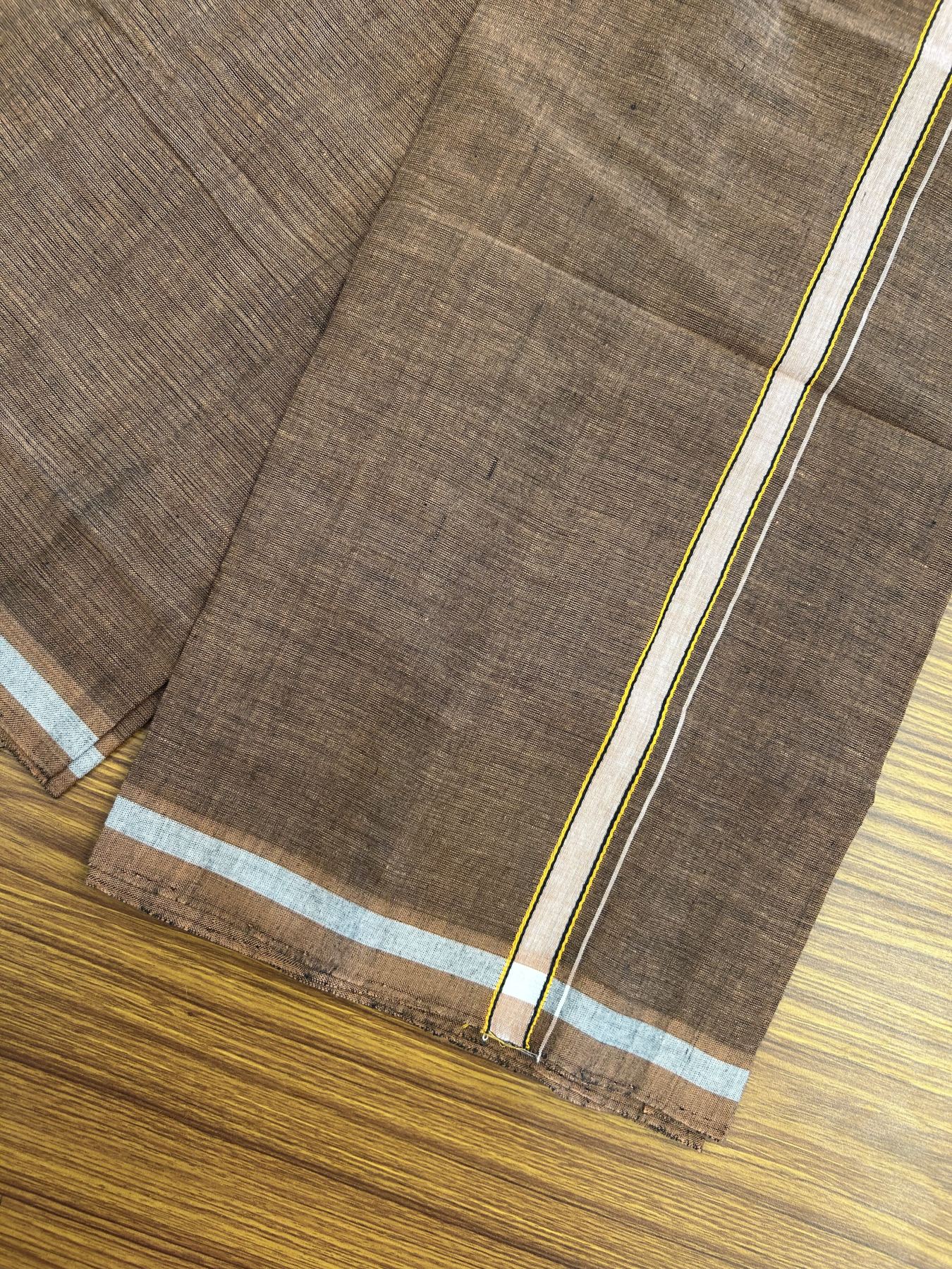 Handloom Single Hallmarked - 10% Discount ! KaithariKada 100% Pure Cotton - Mundu/Dhoti 0.5 inch White shaded & Light orange black striped kara with Brown colour Body - (2 meter / 4 muzham) - 84 KK8044 ELA