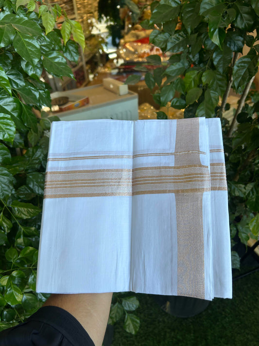 20% Discount ! Kaitharikada Balaramapuram 100% Cotton Pure White Double Mundu/Dothi - 100x80 - 1.5 inch Copper Silver Kasav white Striped Kara 3.90 m (8 muzham) -81 KK5364 MC