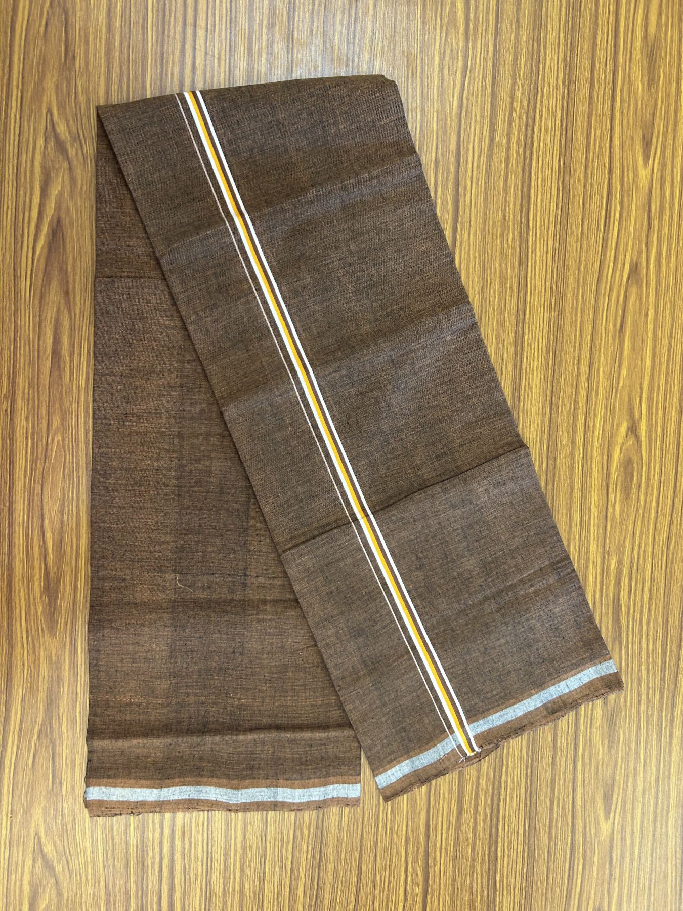 Handloom Single Hallmarked - 10% Discount ! KaithariKada 100% Pure Cotton - Mundu/Dhoti 0.5 inch White & Light orange striped kara with Brown colour Body - (2 meter / 4 muzham) - 85 KK8044 ELA