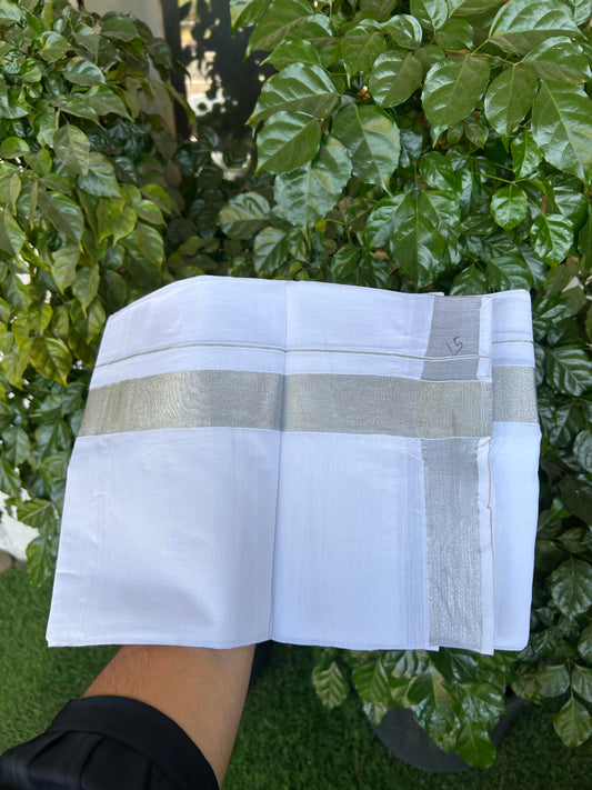 20% Discount ! KaithariKada Balaramapuram 100% Cotton Double Pure white Mundu/Dhoti - 100x80 - 1.5 inch Silver Kasav Kara 3.90 M(8 Muzham) - 82 KK5364 MC