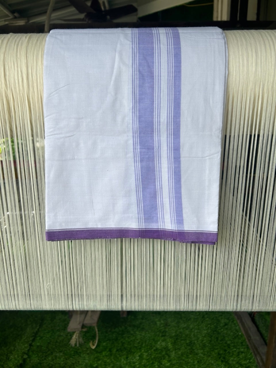 Ultimate HANDLOOM- 30% Discount! - Kaitharikada Kalamachal-Government Sealed HALLMARKED-100% PURE COTTON! (80x80) Twisted Thread- Light WHITE SINGLE Mundu / Dhoti - 2.75 inch Violet Striped Kara - 13KK478KAL
