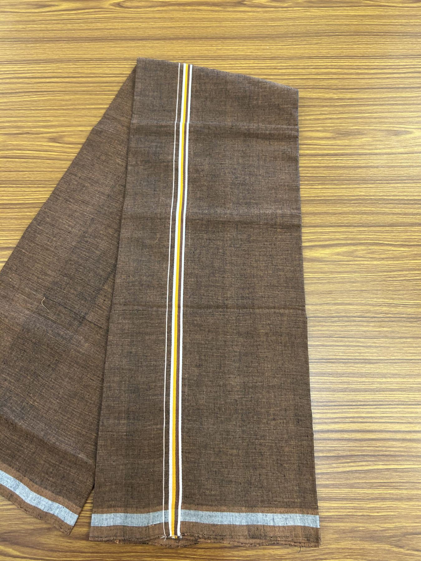 Handloom Single Hallmarked - 10% Discount ! KaithariKada 100% Pure Cotton - Mundu/Dhoti 0.5 inch White & Light orange striped kara with Brown colour Body - (2 meter / 4 muzham) - 85 KK8044 ELA