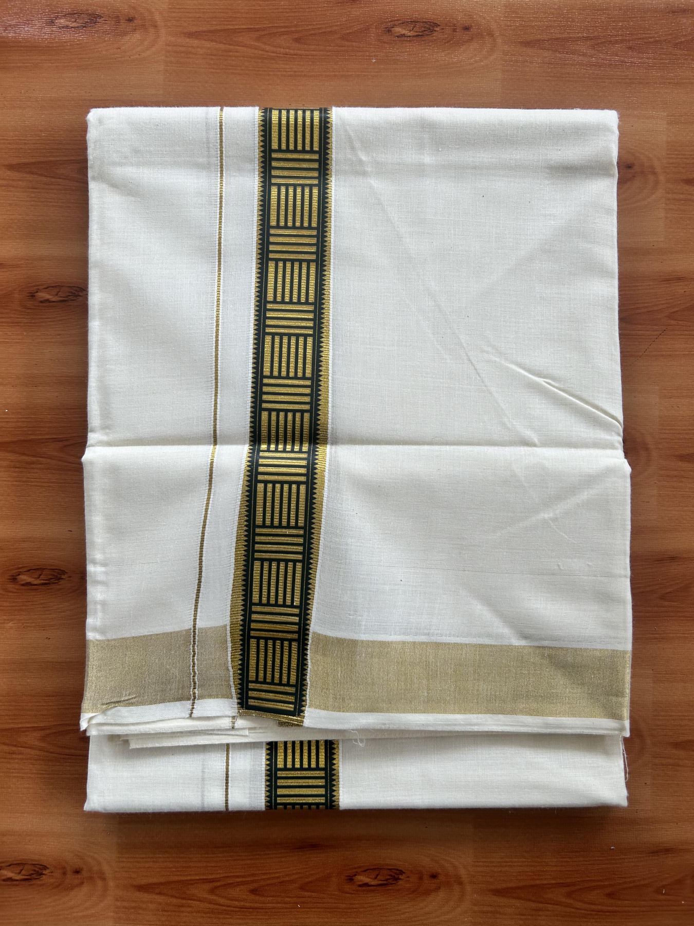 Double Off White - (Unbleached) Mundu/Dhoti- 20% Discount!! KaithariKada Balaramapuram 100% Cotton (60s) - 1.25 inch Gold Kasav & Dark Green Pattern Printed Kara - 8 KK5408 GAN