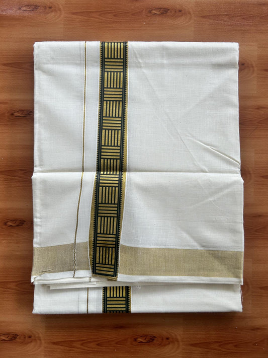 Double Off White - (Unbleached) Mundu/Dhoti- 20% Discount!! KaithariKada Balaramapuram 100% Cotton (60s) - 1.25 inch Gold Kasav & Dark Green Pattern Printed Kara - 8 KK5408 GAN