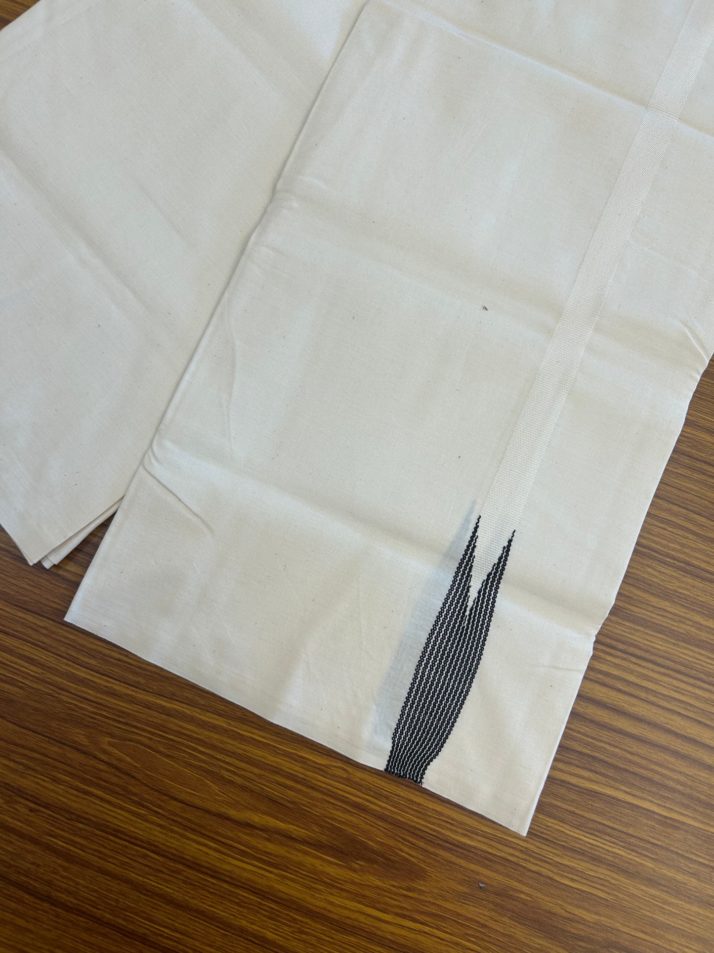 20% Discount!!  KaithariKada Balaramapuram 100% Cotton Single Off white (Unbleached) Mundu/Dhoti- Twisted 100s Thread - 1.5 cm Puliyilakkara Black Chutty Kara (2 meter / 4 muzham) - 1 KK5346 ASH