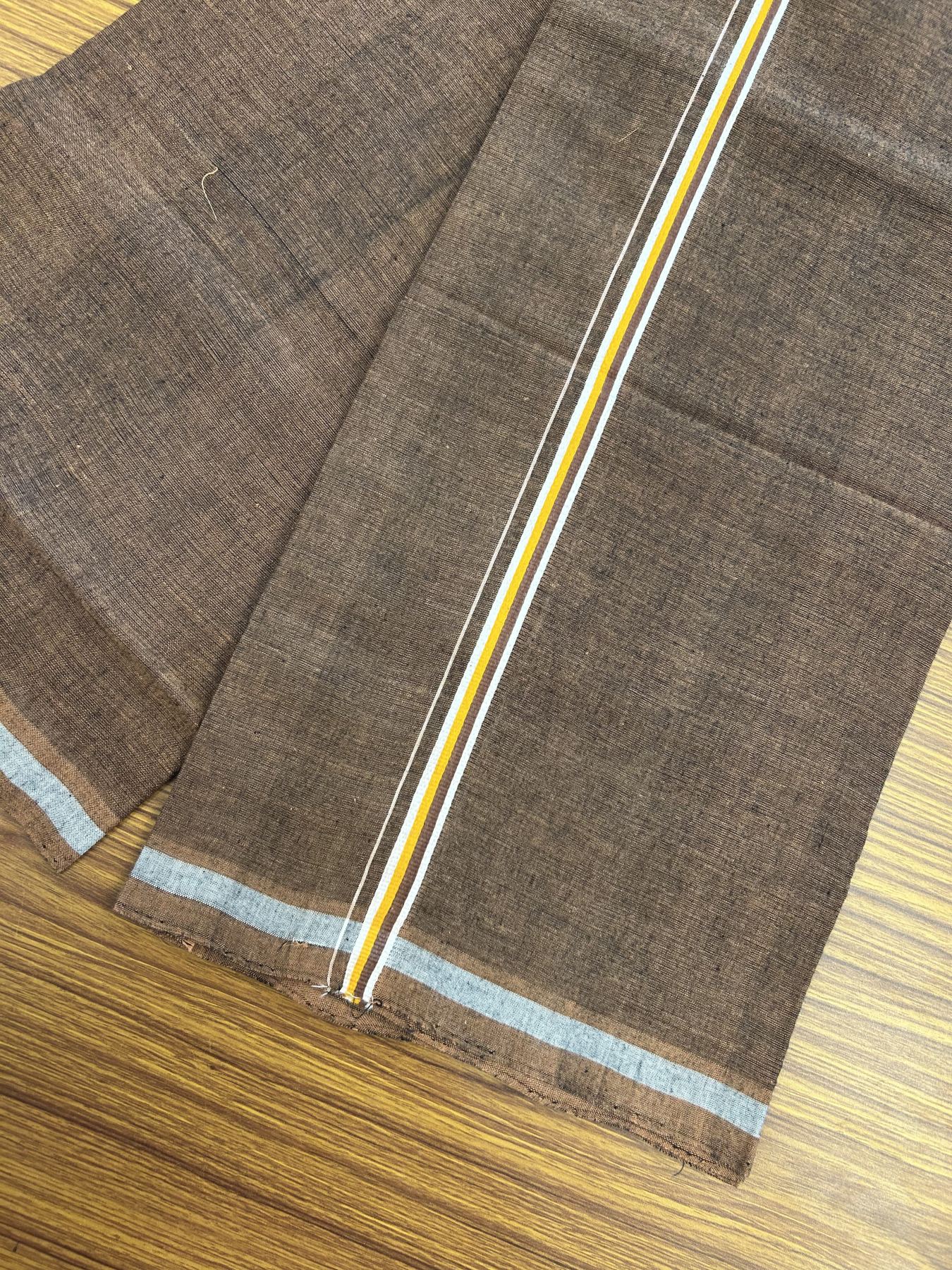 Handloom Single Hallmarked - 10% Discount ! KaithariKada 100% Pure Cotton - Mundu/Dhoti 0.5 inch White & Light orange striped kara with Brown colour Body - (2 meter / 4 muzham) - 85 KK8044 ELA