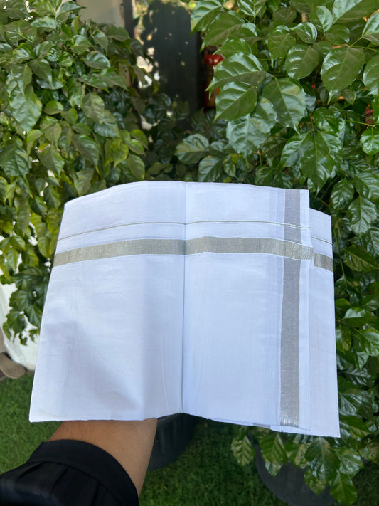 20% Discount ! KaithariKada Balaramapuram 100% Cotton Double Pure white Mundu/Dhoti - 100x80 - 0.75 inch Silver Kasav Kara 3.90 M(8 Muzham) - 83 KK5364 MC