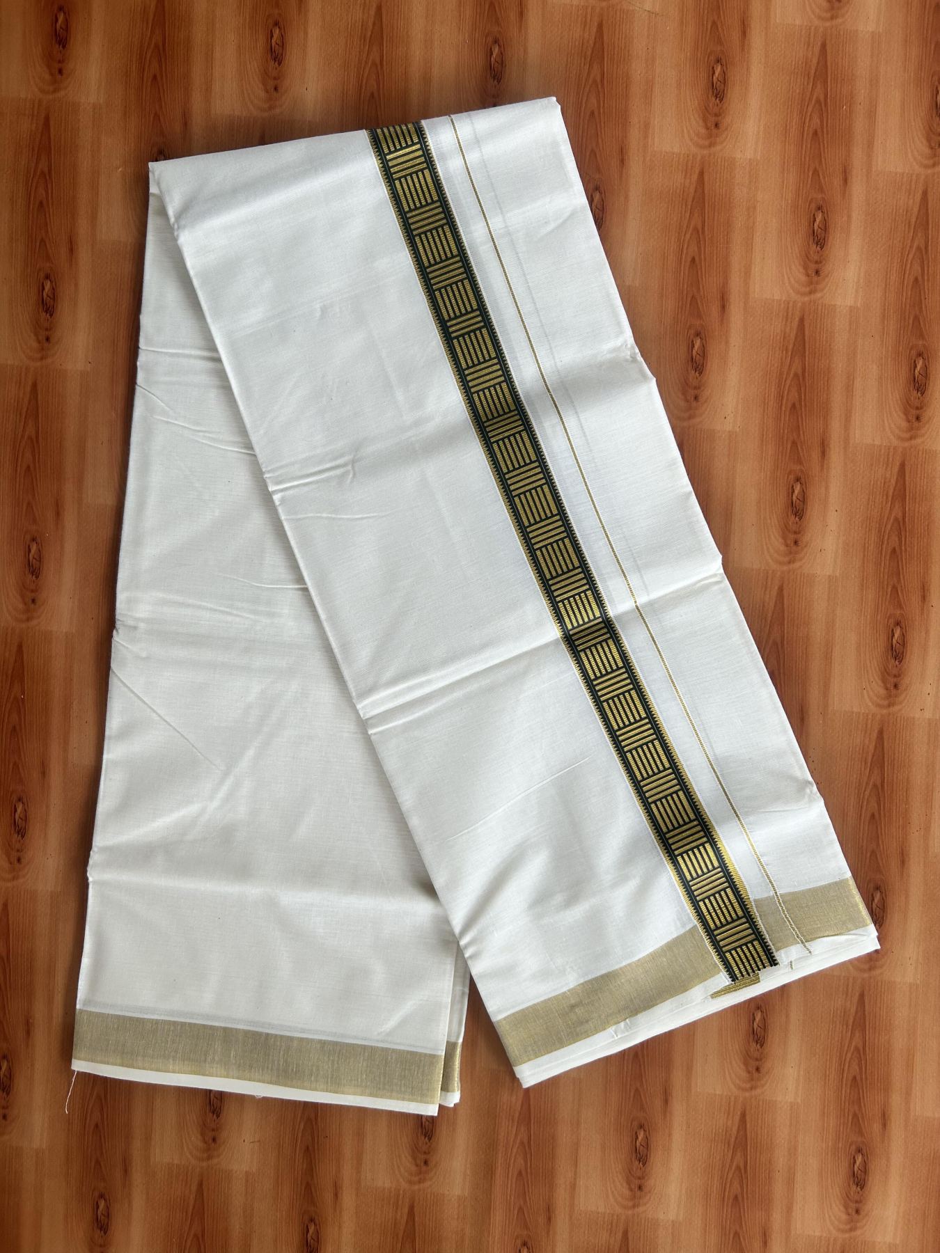Double Off White - (Unbleached) Mundu/Dhoti- 20% Discount!! KaithariKada Balaramapuram 100% Cotton (60s) - 1.25 inch Gold Kasav & Dark Green Pattern Printed Kara - 8 KK5408 GAN