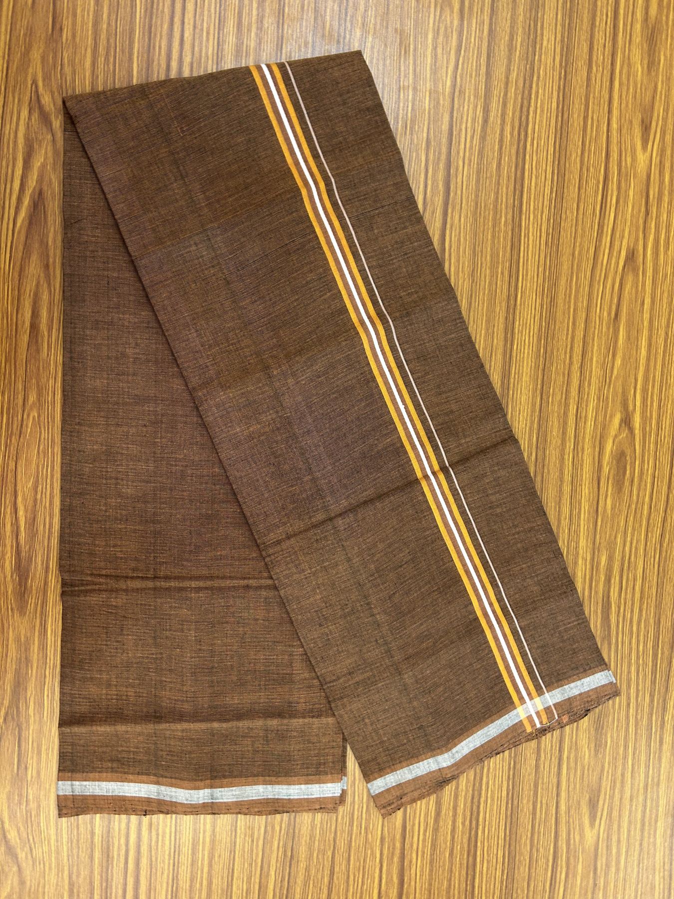 Handloom Single Hallmarked - 10% Discount ! KaithariKada 100% Pure Cotton - Mundu/Dhoti 0.5 inch Light Orange & White striped Kara with Brown colour Body - (2 meter / 4 muzham) - 79 KK8044 ELA