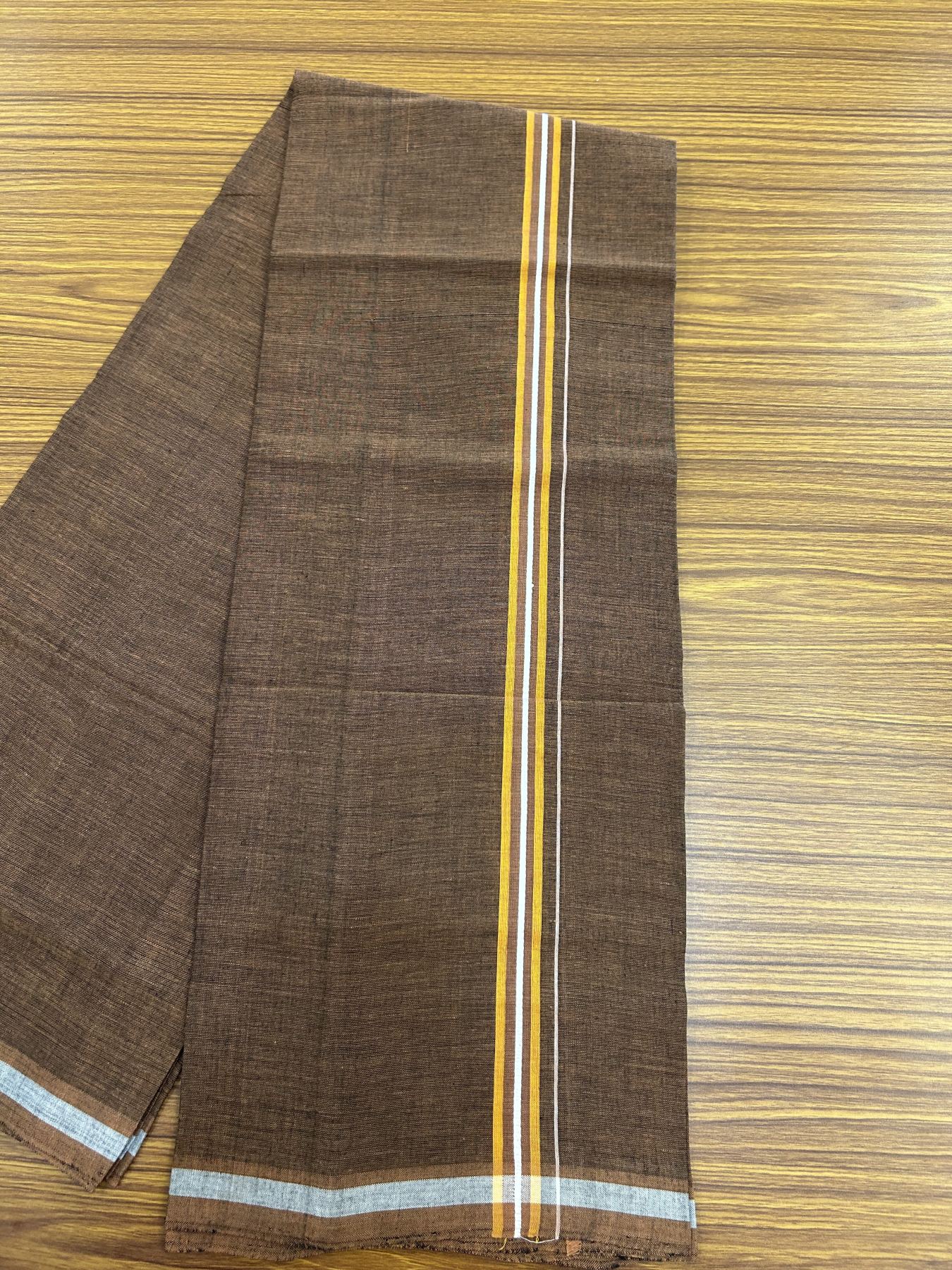 Handloom Single Hallmarked - 10% Discount ! KaithariKada 100% Pure Cotton - Mundu/Dhoti 0.5 inch Light Orange & White striped Kara with Brown colour Body - (2 meter / 4 muzham) - 79 KK8044 ELA
